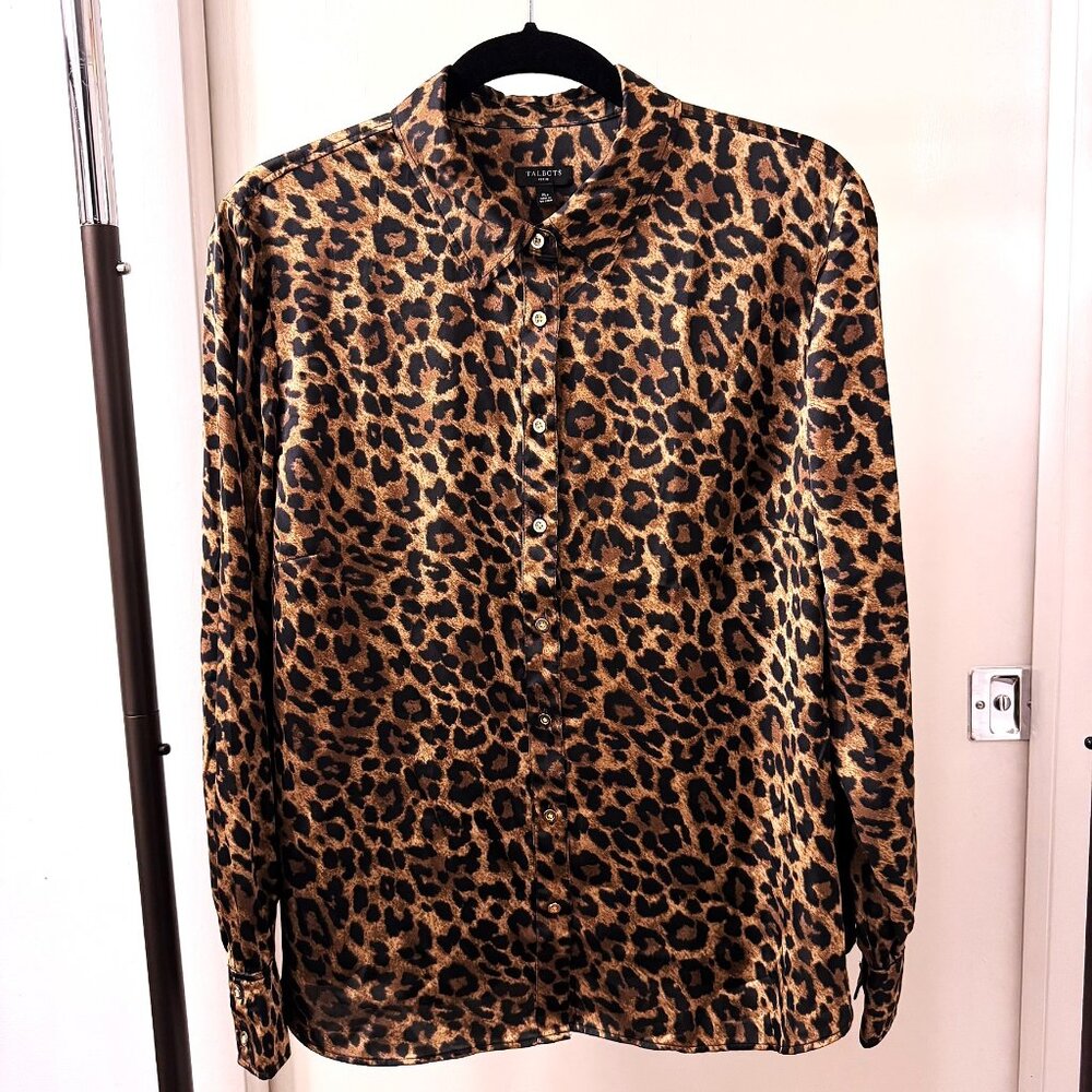 TALBOTS Soft Satin Charmeuse Button Front Shirt Leopard - Size XL Petite